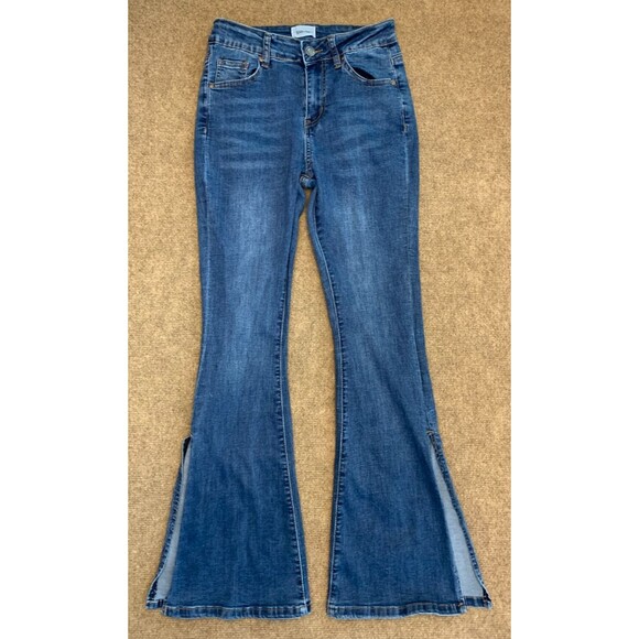 Bamboo Split Hem Flare Jeans Womens 7 (26x29) Mid Rise Whiskered Stretch Denim - Picture 1 of 10